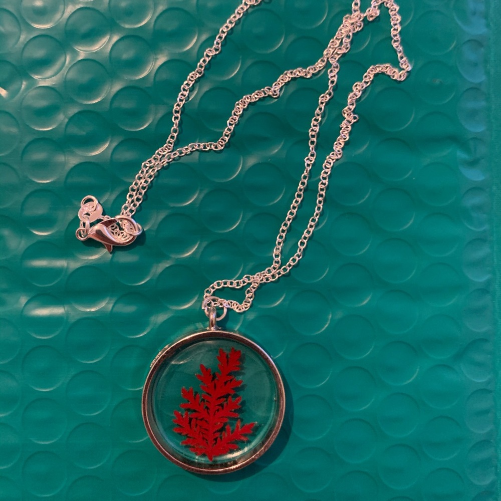 Necklace with red pressed flower inside
